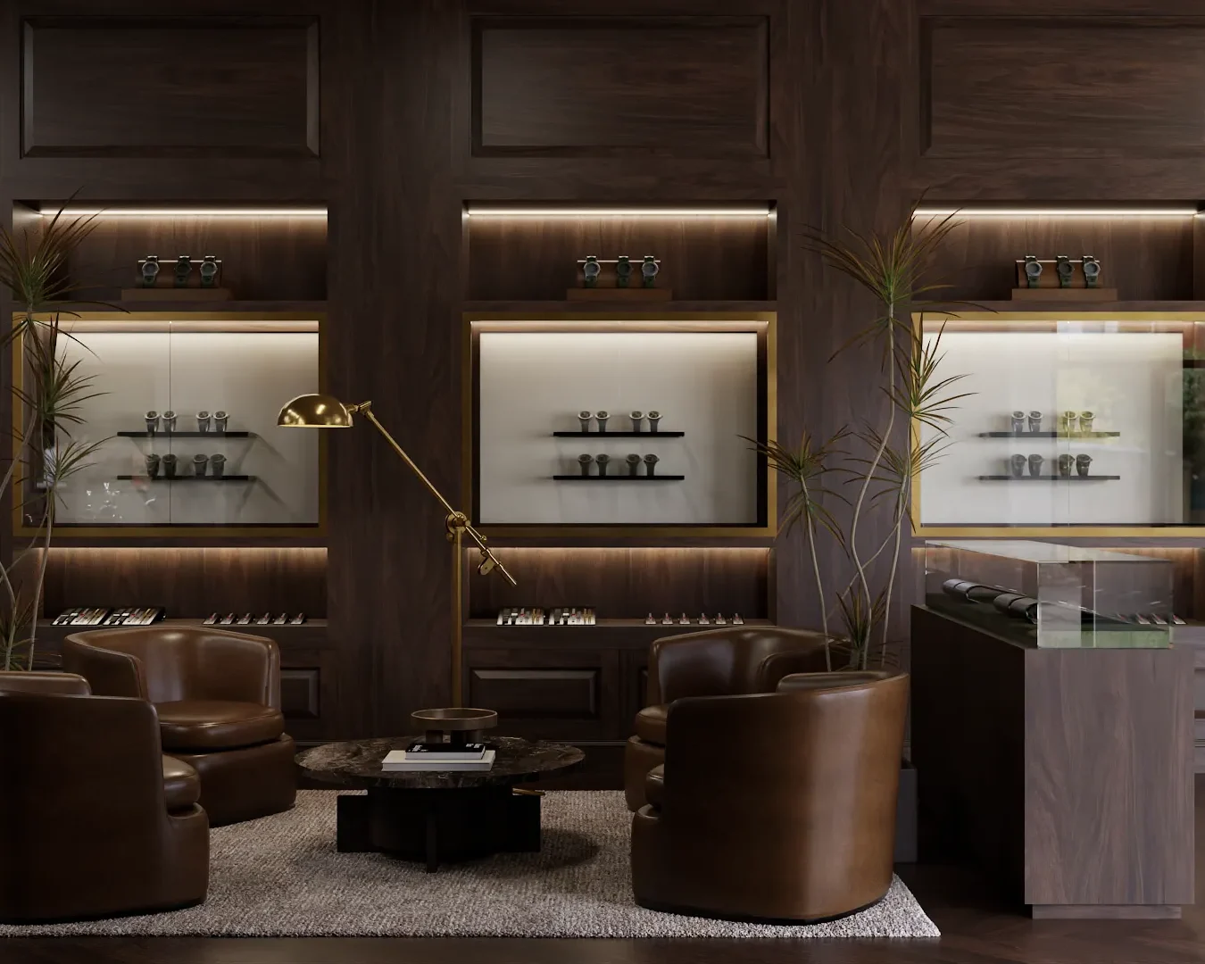 Elegant lounge area with rich wood shelving and leather seating, warmly lit for a cozy ambiance, designed by Debora, an online interior design service based in New York City.