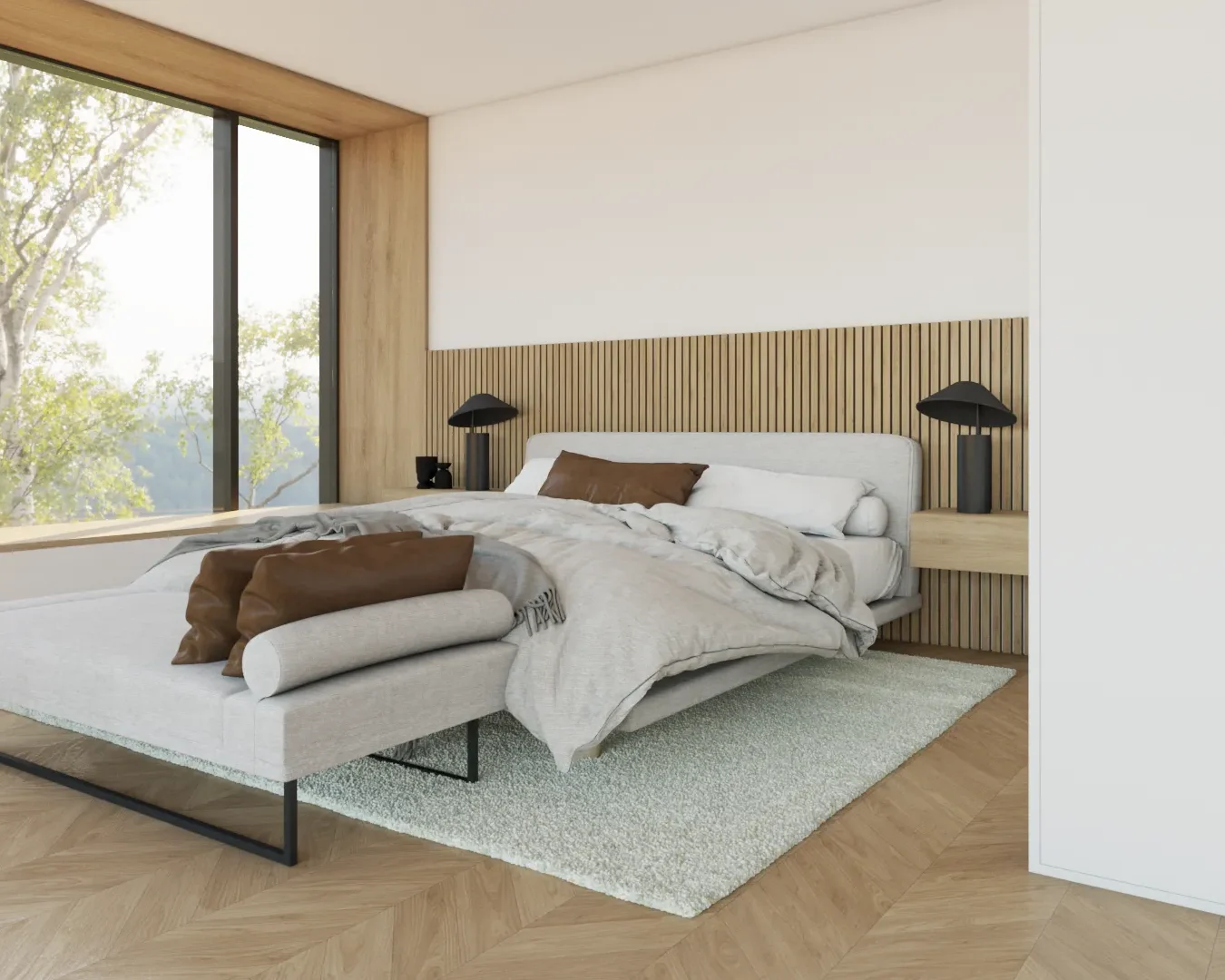 Minimalist bedroom with large windows showcasing scenic views, modern furnishings, and a calming color palette, creating a restful retreat. Design by Debora, an online interior design service.