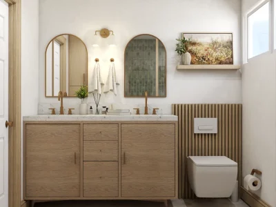 bathroom featuring a natural wooden vanity, eclectic arch-shaped mirrors, and a vertical wooden wall panel, enhancing the room's unique style and functionality. Design by Debora, an online interior design service.