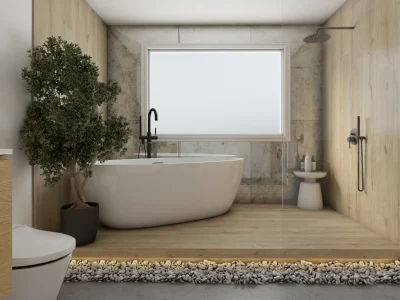 Spa-inspired bathroom with natural wood finishes and a freestanding bathtub, offering a peaceful, relaxing environment. Design by Debora, an online interior design service.