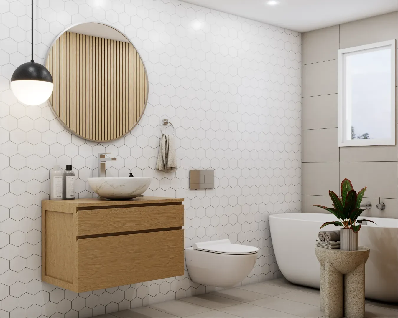 Chic bathroom with eye-catching hexagonal tiles and wooden vanity, complemented by modern fixtures and clean, crisp lines. Design by Debora, an online interior design service