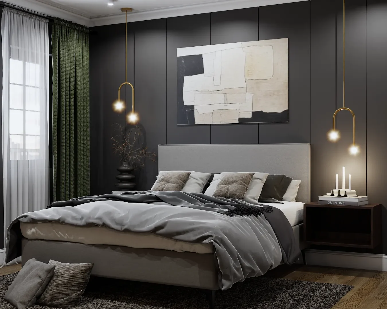 Sophisticated bedroom featuring dark walls, modern art above the bed, and golden accents, exuding elegance and artistic flair. Design by Debora, an online interior design service.
