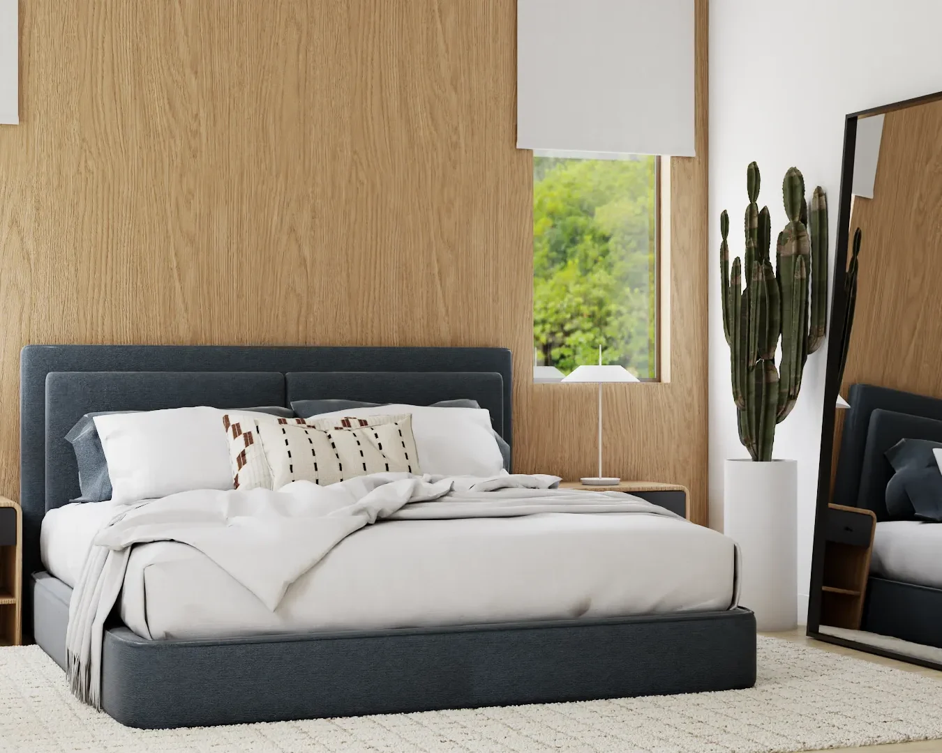Contemporary bedroom with natural wood wall backdrop, a sleek blue bed, and modern decor, offering a tranquil and stylish sleeping environment. Design by Debora, an online interior design service.