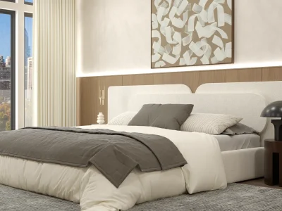 Modern bedroom with a striking artistic headboard, contemporary furnishings, and a soothing neutral color scheme, creating a stylish and peaceful atmosphere. Design by Debora, an online interior design service.