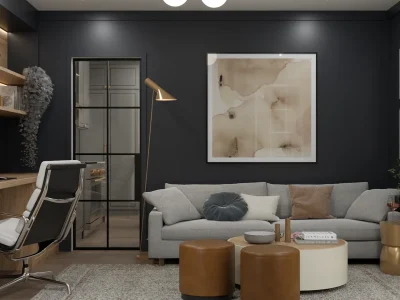 Dark-toned urban living room with modern furnishings and a statement art piece, designed by Debora, an online interior design service based in New York City.