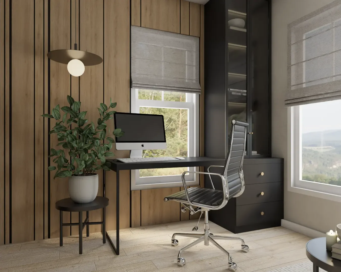 Contemporary home office featuring sleek black furniture and natural wood accents, offering a peaceful and productive environment, designed by Debora in New York City.