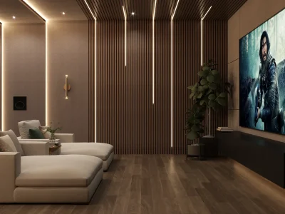 An elegant home theater with a large screen, cozy seating, and wood accent walls. The space is enhanced by vertical lighting and greenery, creating a luxurious and comfortable ambiance. Design by Debora, an online interior design service.