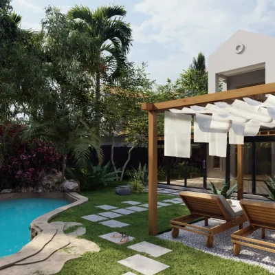 A serene backyard with a pool and a stylish pergola, complemented by lush greenery. This tranquil space was designed to provide a peaceful retreat for the homeowners. Design by Debora, an online interior design service.