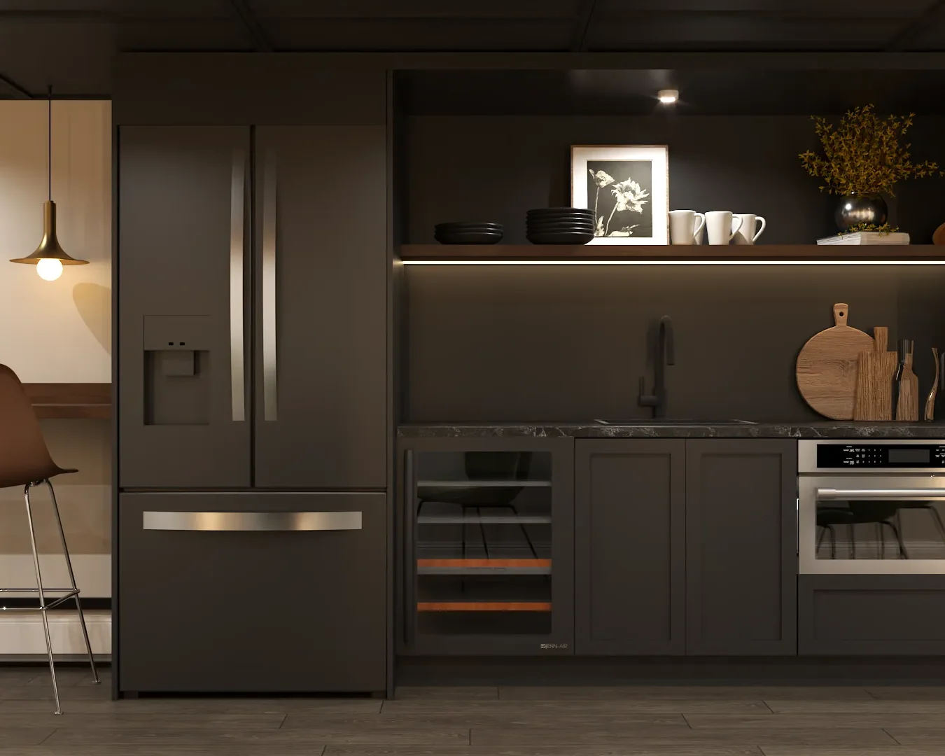 Contemporary kitchen with dark cabinetry and wooden details, featuring integrated appliances for a clean, modern look. Design by Debora, based in New York.