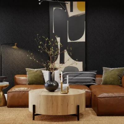 Contemporary living room with abstract art and rich leather seating, emphasizing modern design and comfort. Designed by Debora's online service.