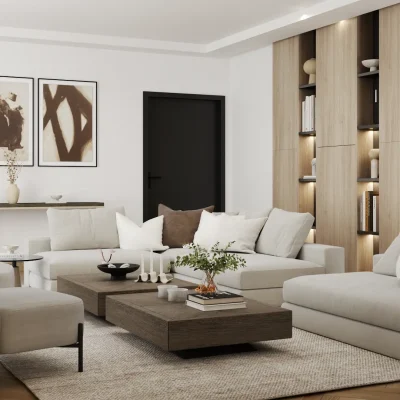 Elegant living room in neutral tones with modern furniture and stylish decor, embodying serenity and elegance. Design by Debora, an online interior design service.