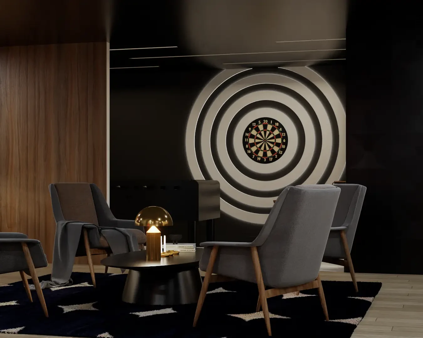 A contemporary game room with a large dartboard set against a bold circular design, modern gray chairs, a black and white rug, and ambient lighting. The stylish decor makes it a fun and inviting space. Design by Debora, an online interior design service.
