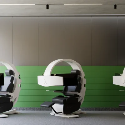 A futuristic workspace with ergonomic workstations and sleek, modern design. The green and black color scheme adds a touch of innovation and productivity. Design by Debora, an online interior design service.