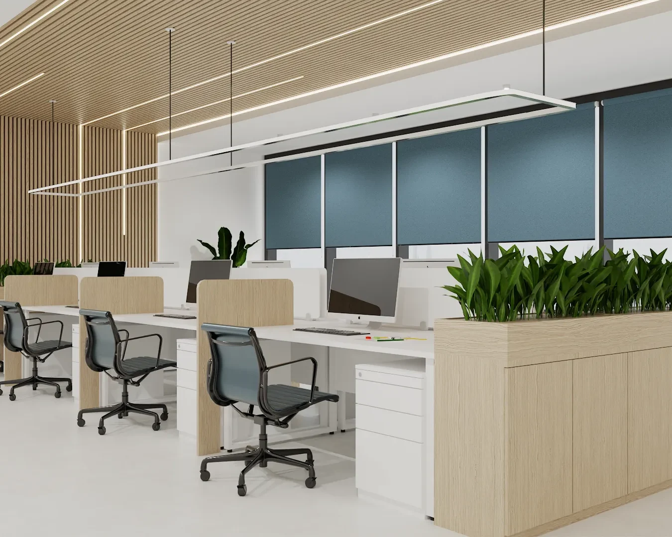 A modern office space with workstations, ergonomic chairs, and plenty of indoor plants. The design features natural wood accents and a clean, organized layout. Design by Debora, an online interior design service.