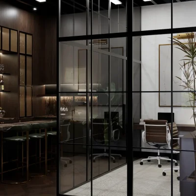 A sleek office space with glass partitions, modern furniture, and sophisticated lighting. The design exudes professionalism and style, ideal for a productive work environment. Design by Debora, an online interior design service.