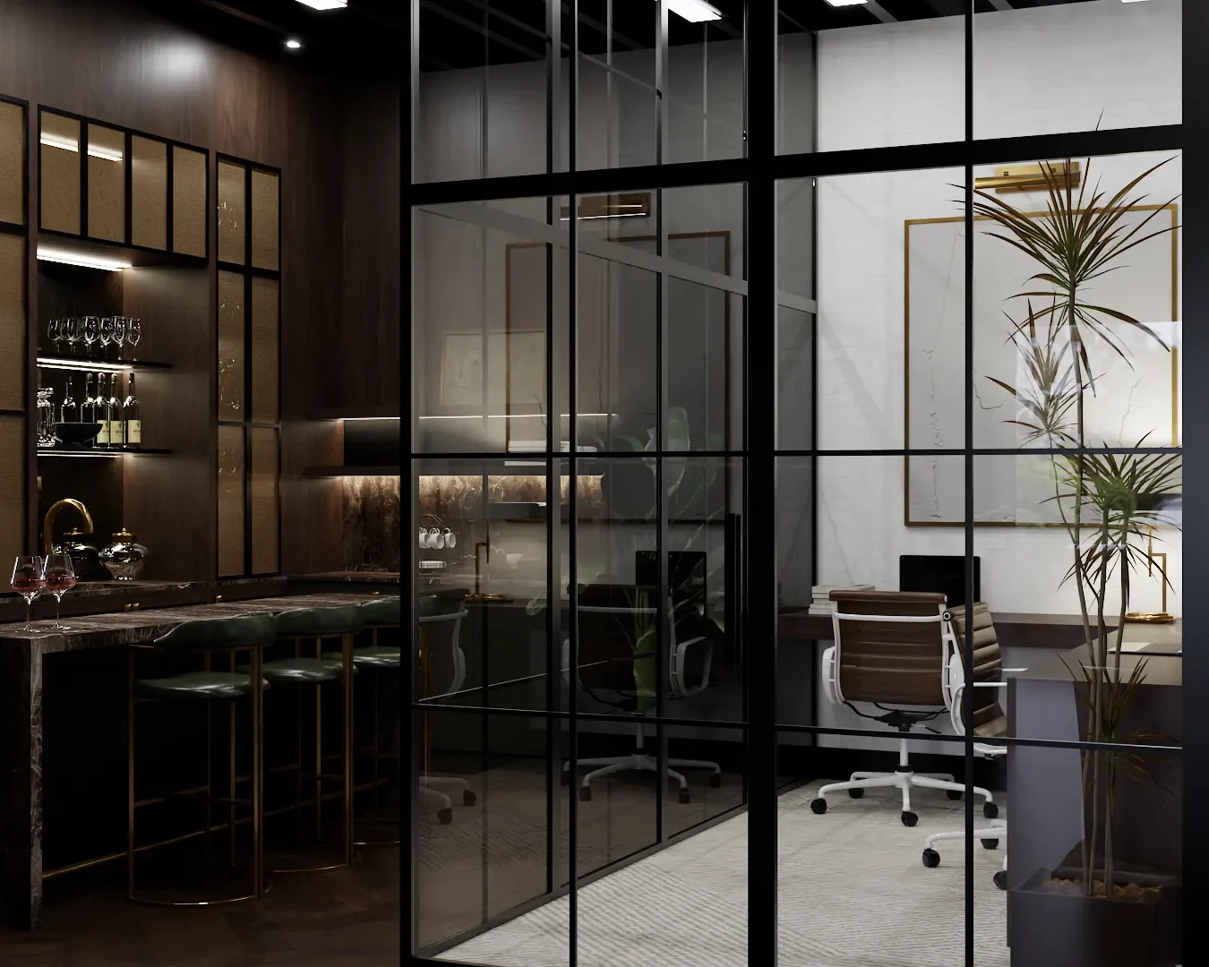 A sleek office space with glass partitions, modern furniture, and sophisticated lighting. The design exudes professionalism and style, ideal for a productive work environment. Design by Debora, an online interior design service.