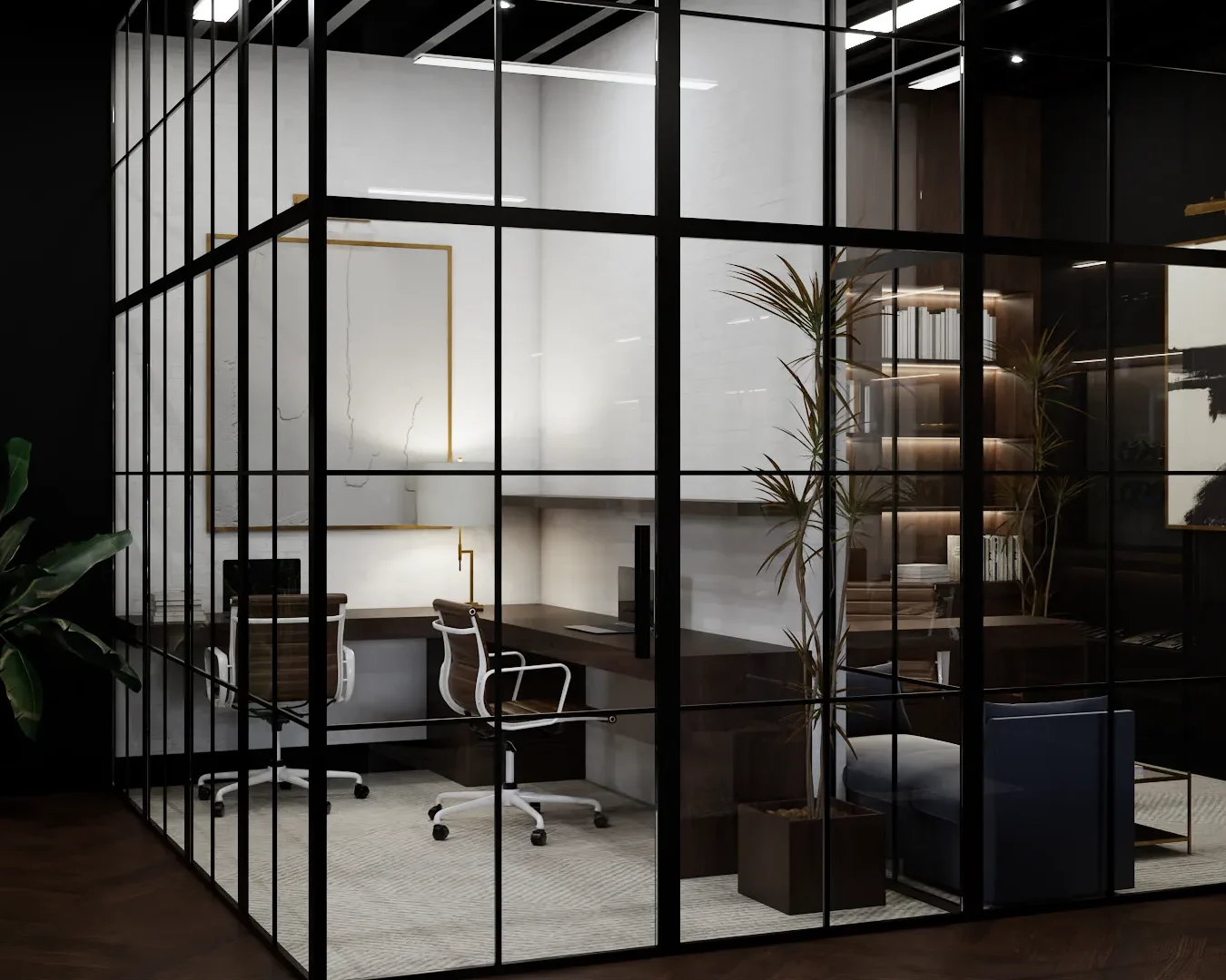 Modern office with glass partitions and sleek furnishings, promoting a blend of style and functionality, designed by Debora, an online interior design service based in New York City.