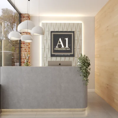 A modern reception area with a sleek counter, stylish lighting, and a branded "A1 Consulting LLC" sign. The design includes natural elements and creates a professional and welcoming atmosphere. Design by Debora, an online interior design service.