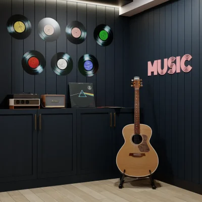 A chic music room with a record display on a navy wall, cozy seating area, and a guitar. The pink "MUSIC" sign adds a playful touch to the stylish space. Design by Debora, an online interior design service.