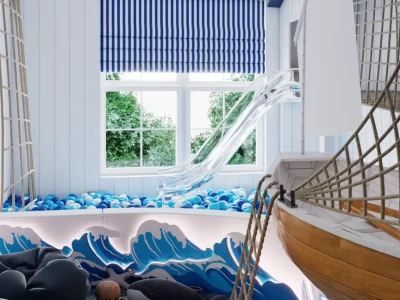 Nautical-Themed Kids Playroom with Ball Pit and Slide