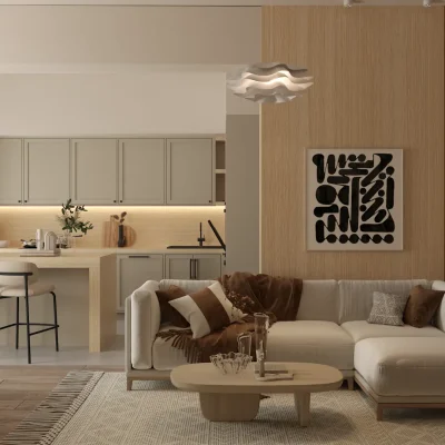 Modern living room seamlessly connected to a kitchen area, showcasing minimalist design and warm wooden accents. Interior design by Debora, an online service.