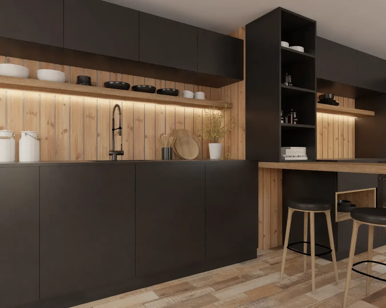 Modern kitchen featuring matte black cabinets contrasted with natural wood accents, designed for a sleek and sophisticated look. Design by Debora, based in New York.