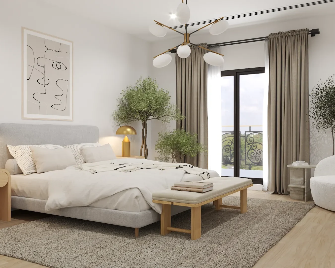 Minimalist bedroom featuring a low-profile bed, neutral color scheme, and natural wooden elements, complemented by soft lighting and greenery, creating a tranquil and inviting space. Design by Debora, an online interior design service.