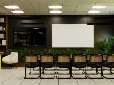A contemporary conference room with a black accent wall, a large whiteboard, and chairs arranged in rows. Greenery adds a refreshing element to the professional setting. Design by Debora, an online interior design service.