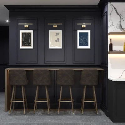 An elegant home bar with dark paneling, stylish bar stools, and modern artwork. The marble countertop and illuminated shelves add to the sophisticated ambiance. Design by Debora, an online interior design service.
