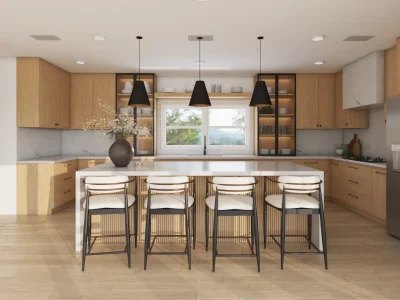 Modern kitchen design featuring elegant wood accents and minimalist stools, designed by Debora's interior design service in New York.