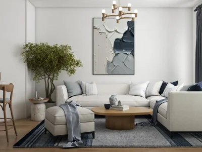 Open concept living room with modern decor and a central artwork, blending clean lines and artistic touches for a fresh, airy environment. Design by Debora, an online interior design service.