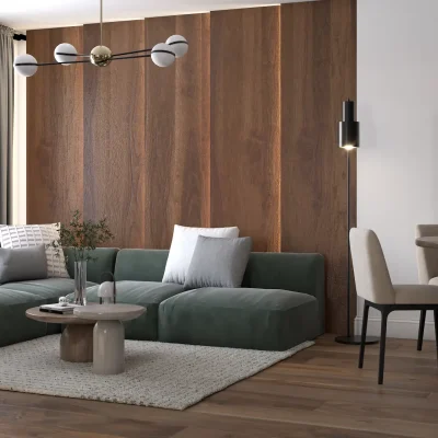 Contemporary living room with a lush green velvet sofa and wooden paneling, creating a chic and elegant space. Designed by Debora, an online interior design service.