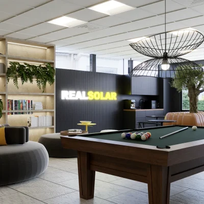 A modern game room with a pool table, comfortable seating, and a neon "REAL SOLAR" sign. The room is designed with contemporary furniture and a relaxing atmosphere. Design by Debora, an online interior design service.