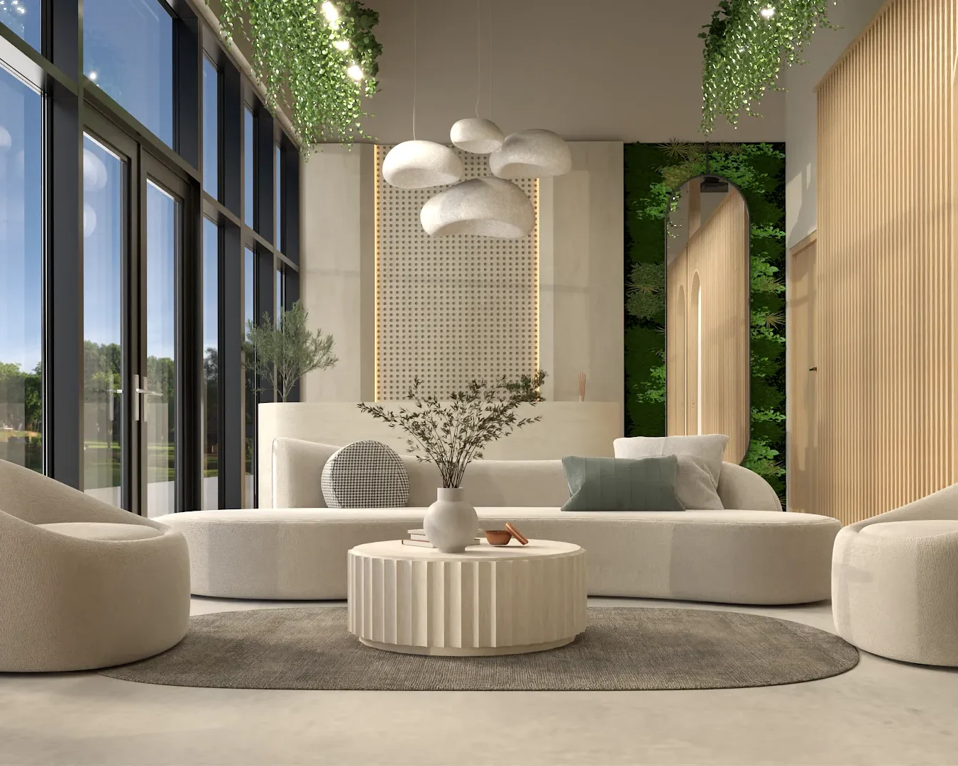 A contemporary living room featuring a cozy seating arrangement, hanging green plants, and artistic light fixtures. The space is designed with neutral tones and a touch of greenery. Design by Debora, an online interior design service.