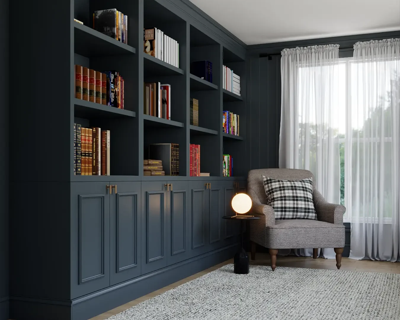 Elegant home office with classic dark bookshelves and a comfortable reading chair, designed by Debora, an online interior design service based in New York City.