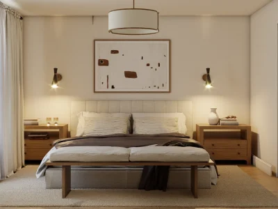 Contemporary bedroom with a focus on artistic expression, featuring an abstract wall art, warm wooden furniture, and muted lighting, perfectly blending style and comfort. Design by Debora, an online interior design service.