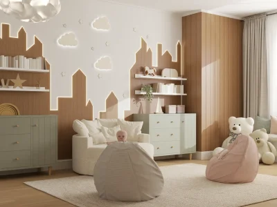 Cozy child's room with soft seating, creative storage, and playful decor, making it a perfect space for children to play and relax, designed by Debora, an online interior design service based in New York City.
