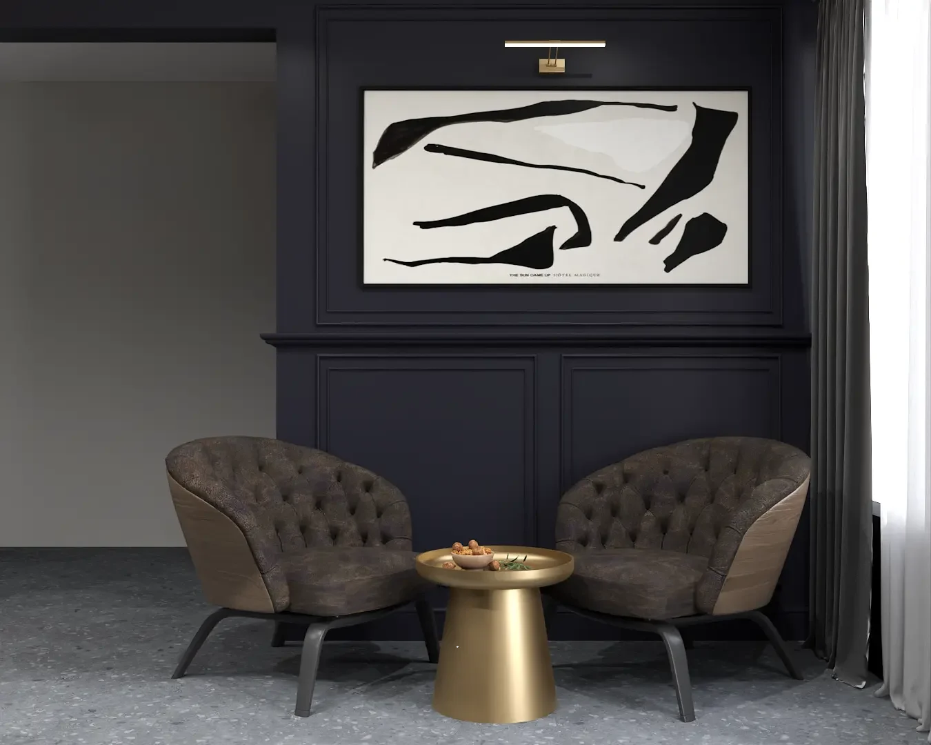 A chic sitting area with two plush dark chairs, a gold accent table, and modern black and white artwork on a navy paneled wall. The design exudes elegance and sophistication. Design by Debora, an online interior design service.